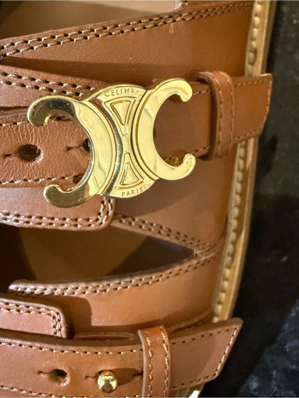 Celine Triomphe  Leather Brown Double-Strap Slingback Sandal with Gold Accent - Picture 8 of 16